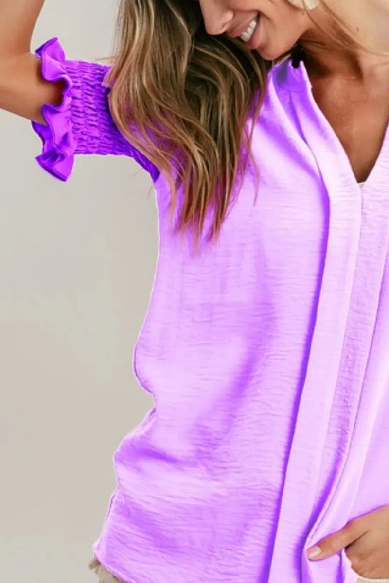 BiBi Air Flow Color Block Puff Sleeves V Neck Top for Women