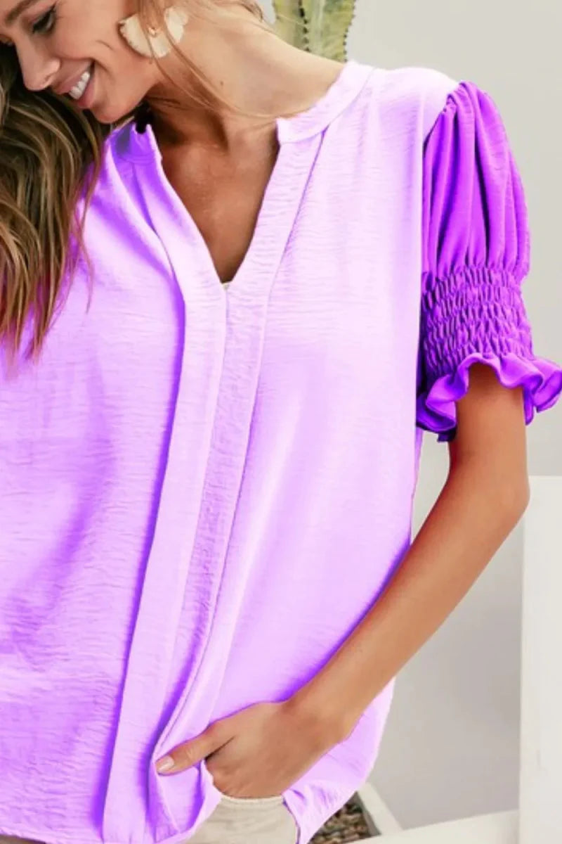 BiBi Air Flow Color Block Puff Sleeves V Neck Top for Women