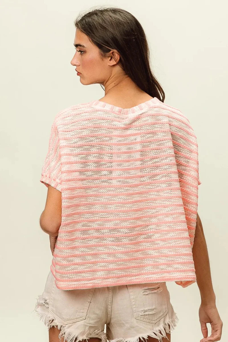 BiBi Braid Striped Short Sleeve Round Neck T-Shirt for Women