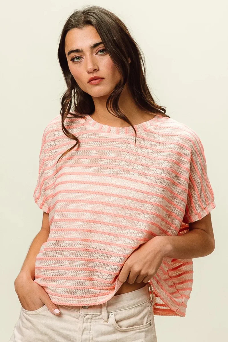 BiBi Braid Striped Short Sleeve Round Neck T-Shirt for Women