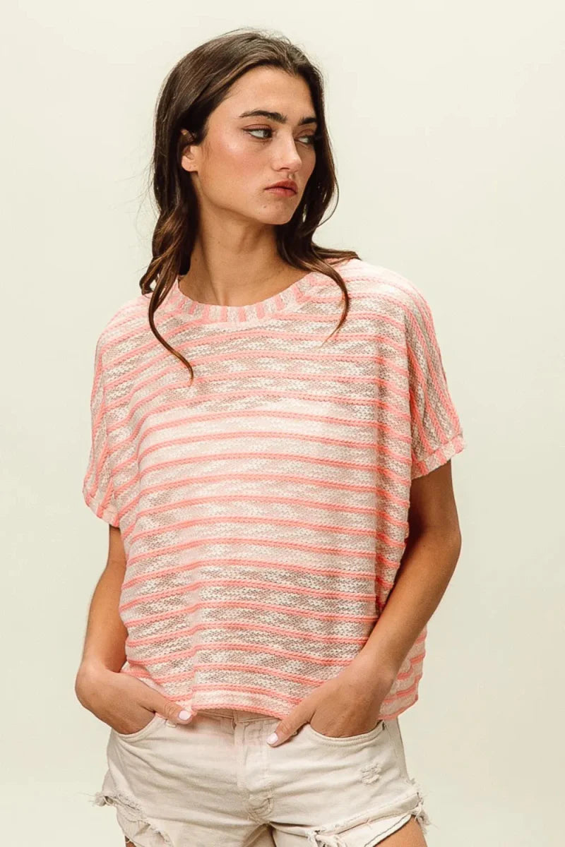 BiBi Braid Striped Short Sleeve Round Neck T-Shirt for Women