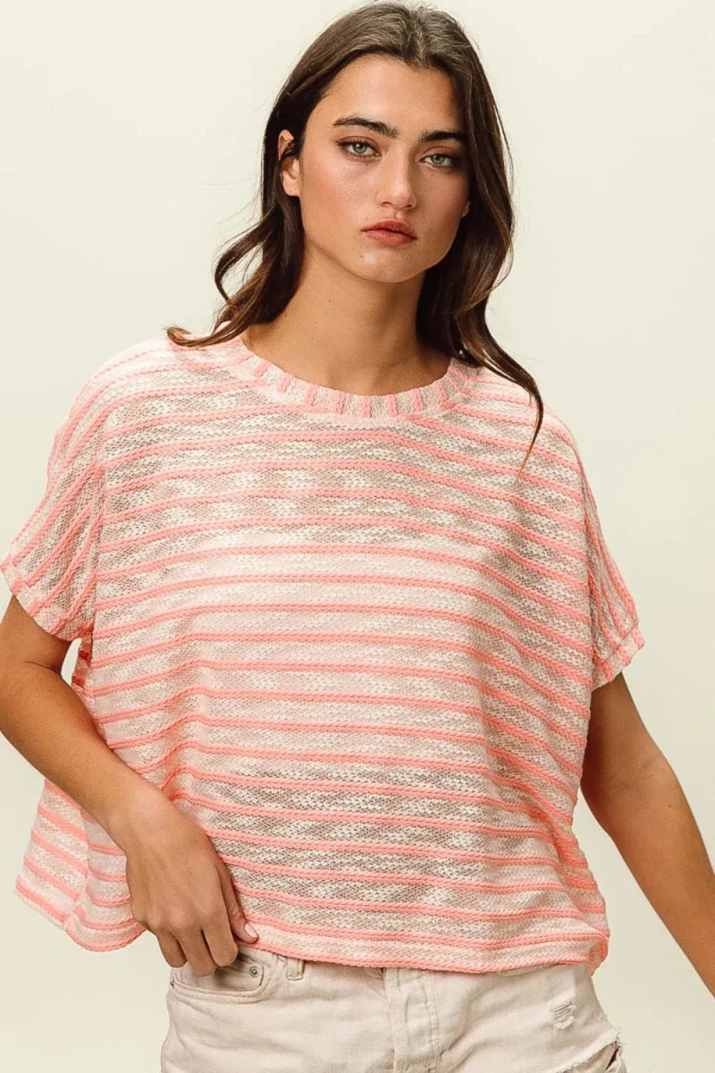 BiBi Braid Striped Short Sleeve Round Neck T-Shirt for Women