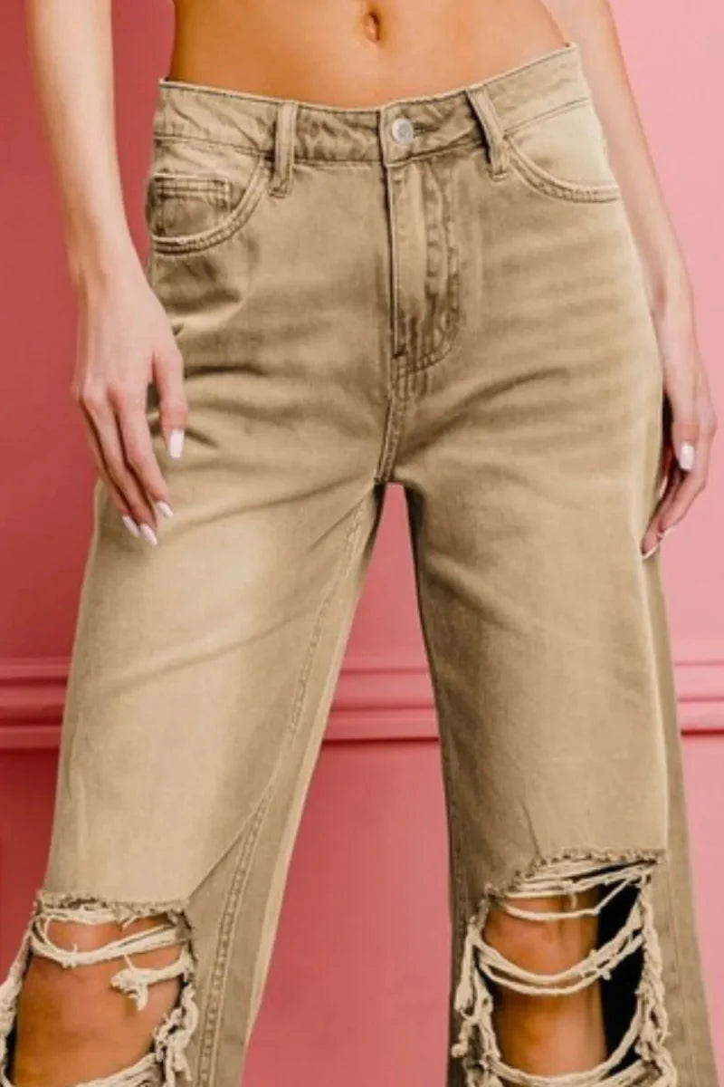 BiBi Distressed Vintage Washed Wide Leg Pants for Women