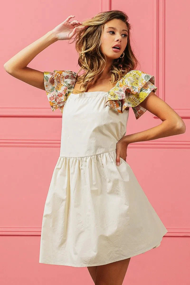 BiBi Flower Embroidered Floral Print Sleeve Dress for Women