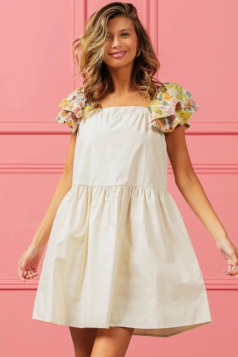BiBi Flower Embroidered Floral Print Sleeve Dress for Women