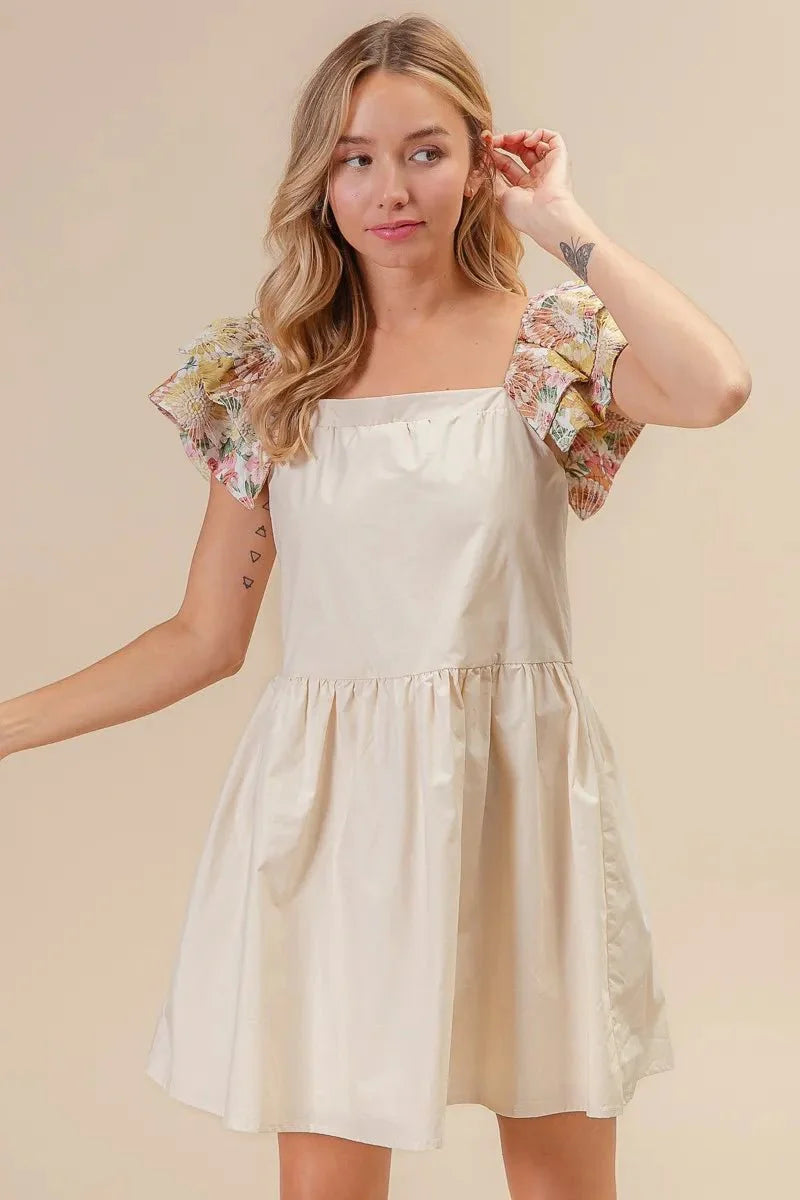 BiBi Flower Embroidered Floral Print Sleeve Dress for Women