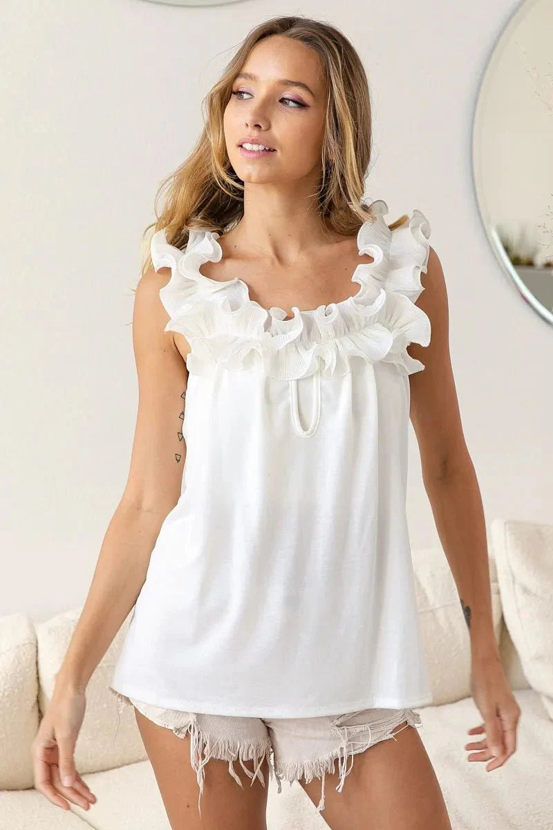 BiBi French Terry Knit Ruffled Trim Banded Top for Women
