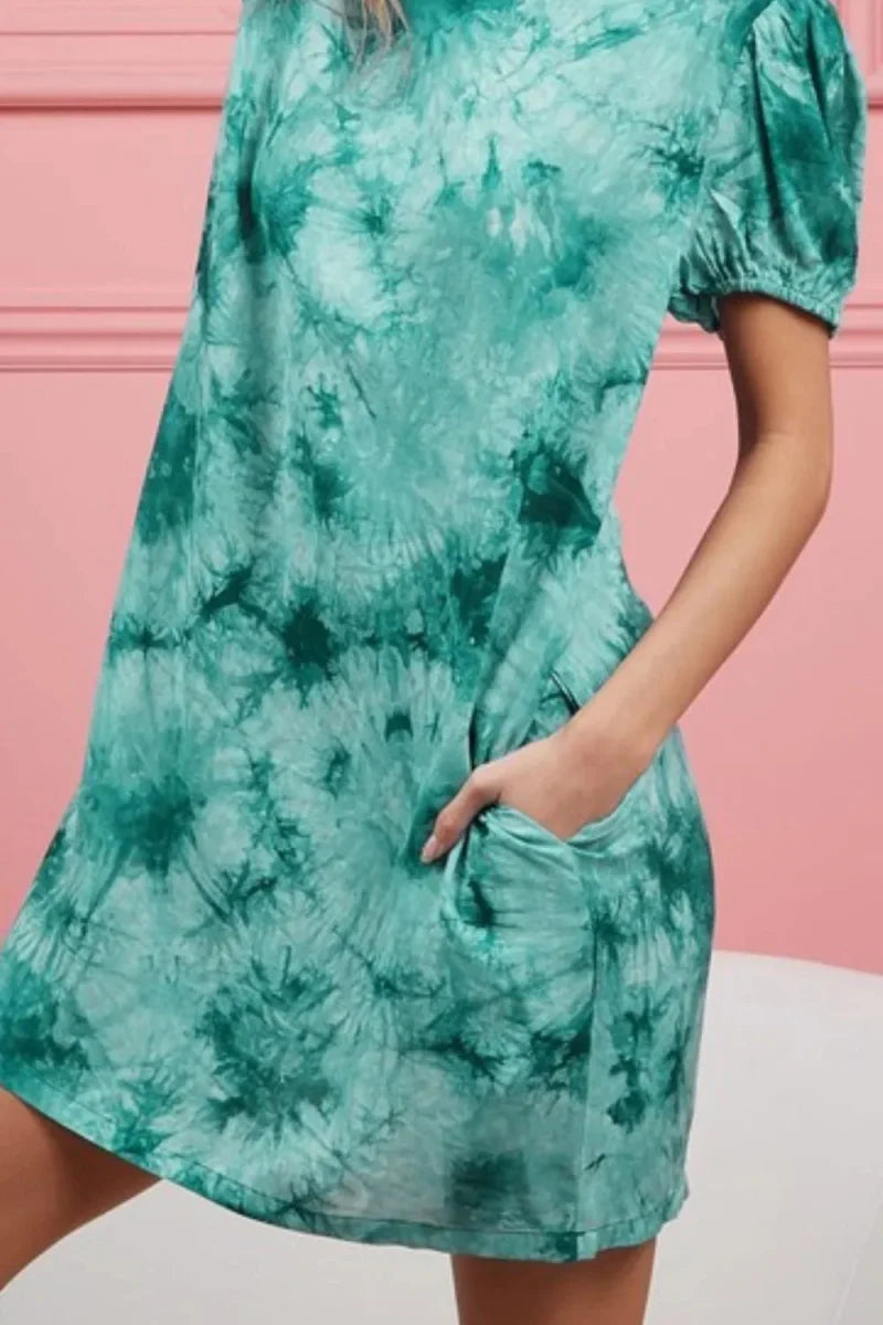 BiBi Puff Sleeve With Side Pockets Tie Dye Dress For Women