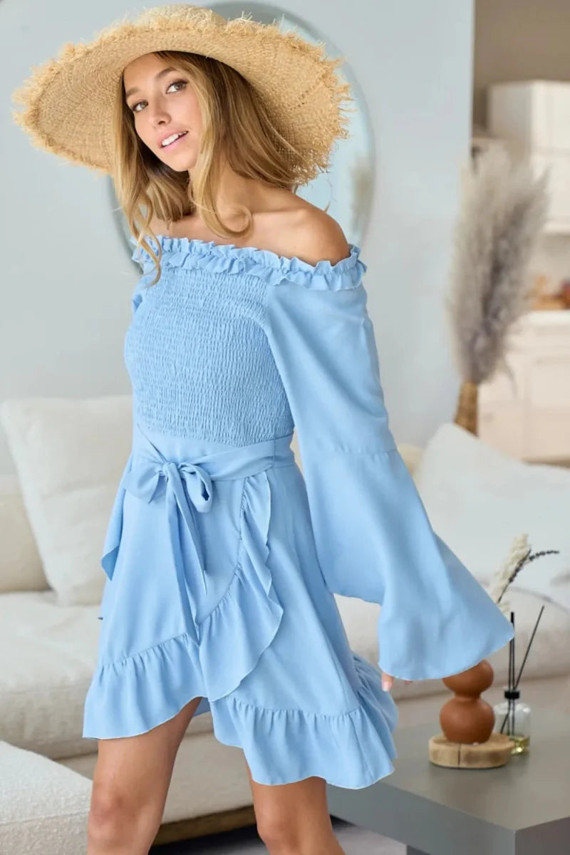BiBi Smocked Ruffled Front Tie Mini Dress for Women