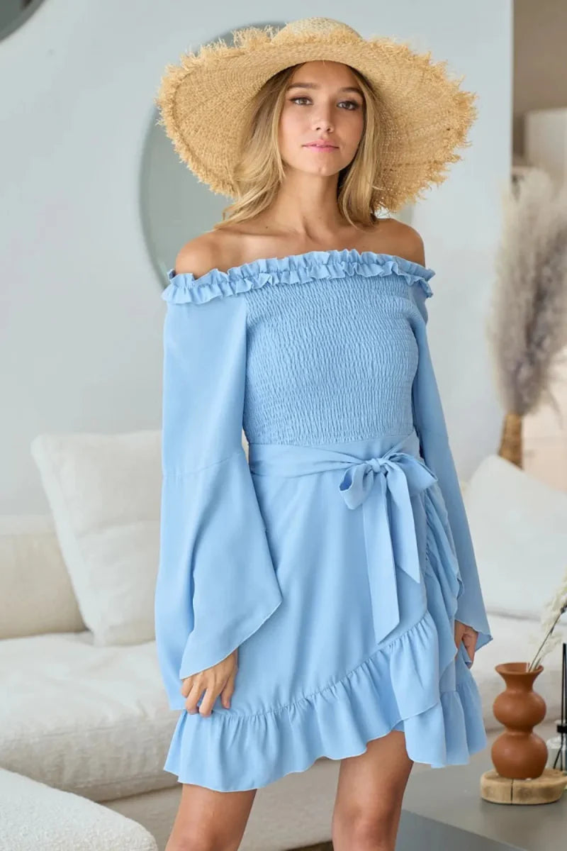 BiBi Smocked Ruffled Front Tie Mini Dress for Women
