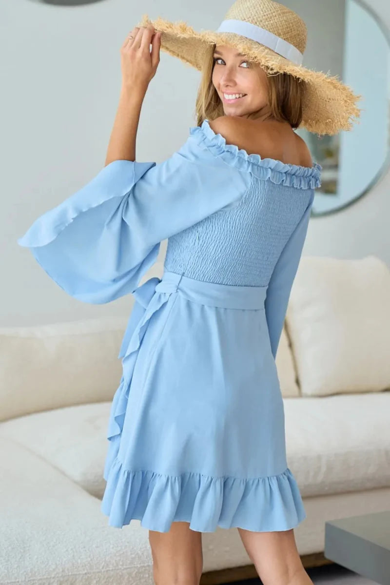 BiBi Smocked Ruffled Front Tie Mini Dress for Women