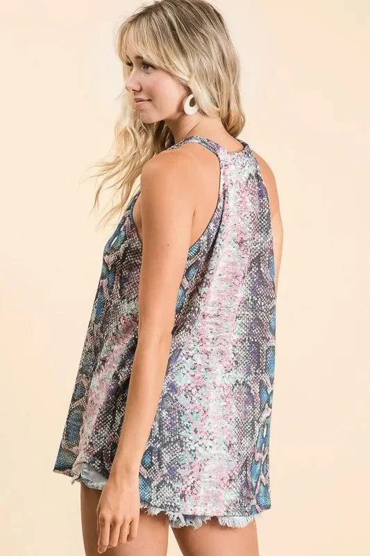 BiBi Snakeskin Print Low Gauge Hacci Knit Halter Top