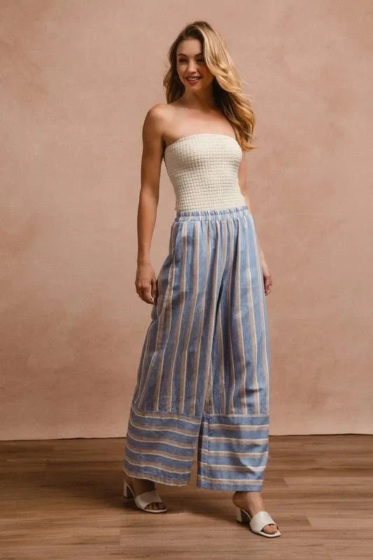 BiBi Striped Wide Leg Pants with Pockets for Women