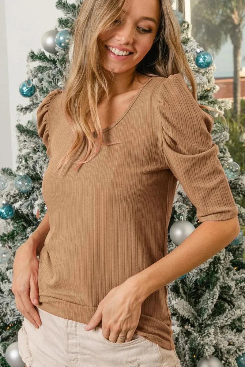 BiBi Verigated Rib Knit Puff Sleeves Shorts Top for Women