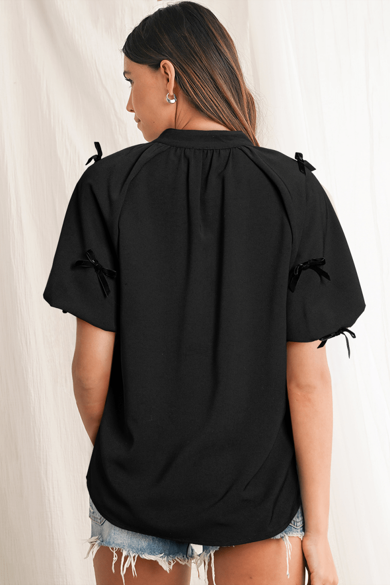 Black Bow Decor Puff Sleeve Split Neck Blouse for Women