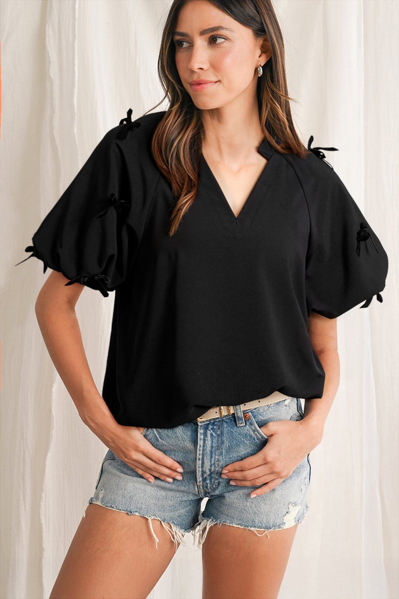 Black Bow Decor Puff Sleeve Split Neck Blouse for Women