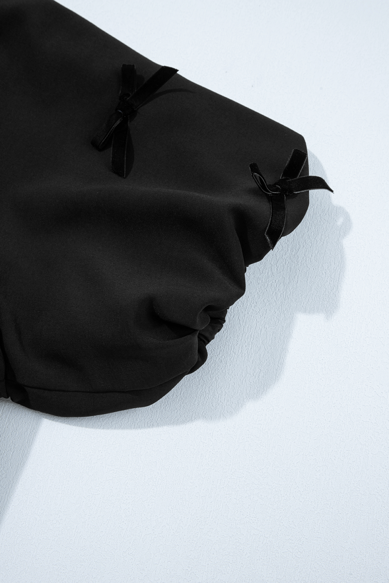 Black Bow Decor Puff Sleeve Split Neck Blouse for Women