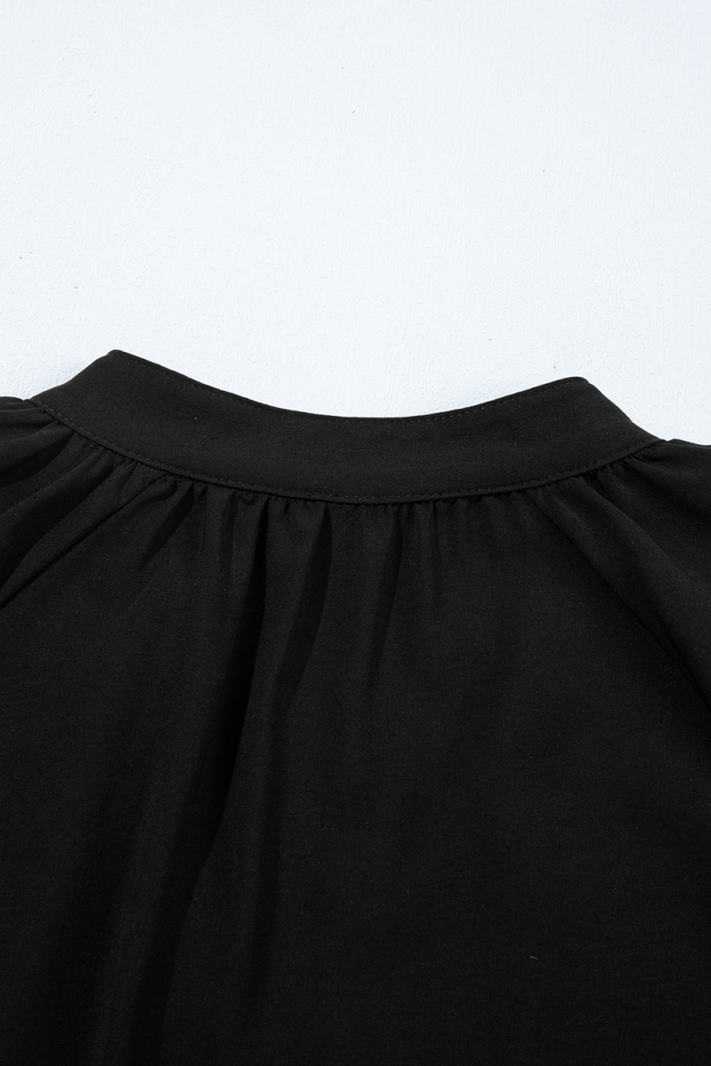 Black Bow Decor Puff Sleeve Split Neck Blouse for Women