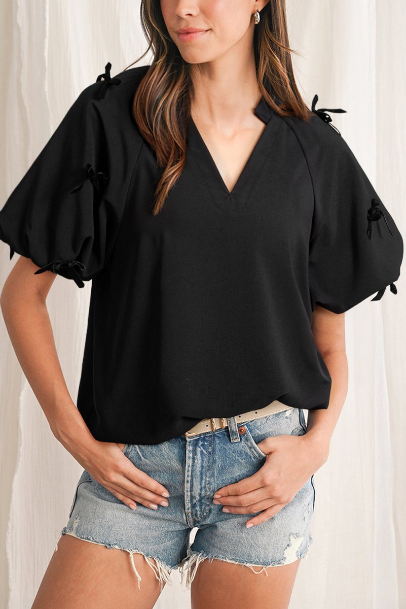 Black Bow Decor Puff Sleeve Split Neck Blouse for Women