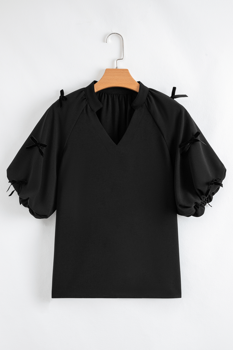Black Bow Decor Puff Sleeve Split Neck Blouse for Women