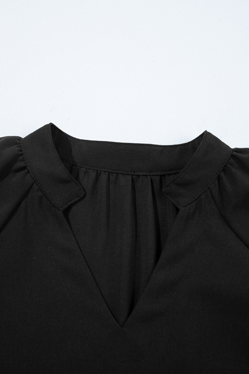 Black Bow Decor Puff Sleeve Split Neck Blouse for Women