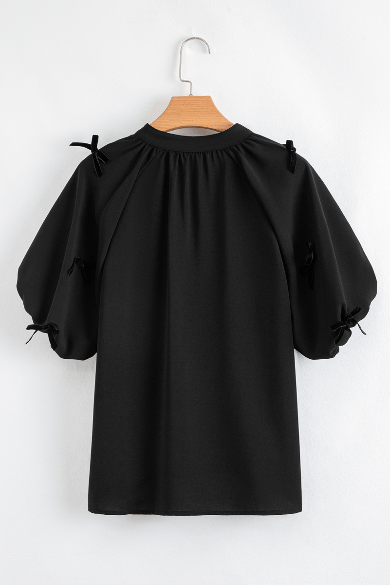 Black Bow Decor Puff Sleeve Split Neck Blouse for Women