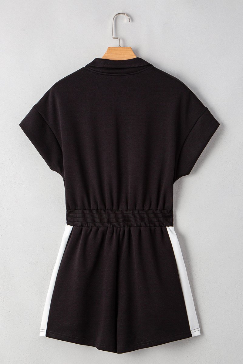 Black Contrast Collar Patchwork Zip Front Romper for Women