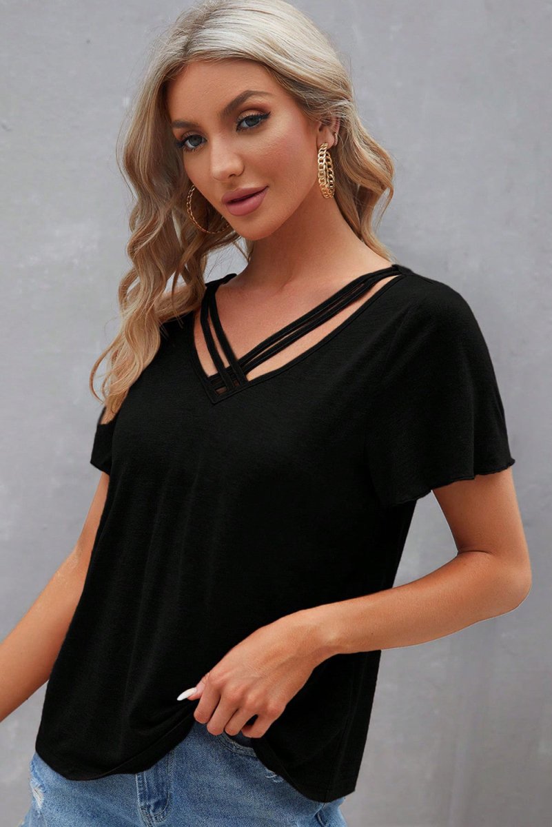 Black Crisscross V Neck Butterfly Sleeve T Shirt for Women