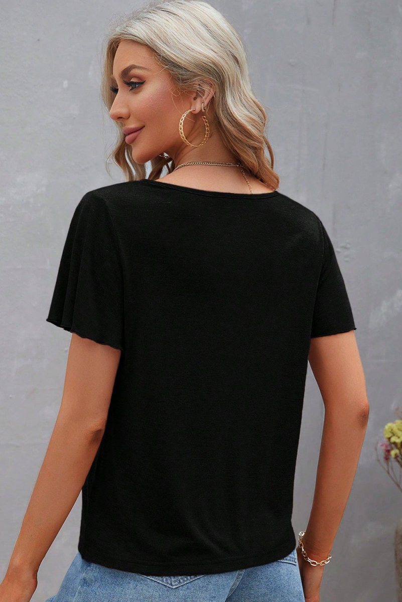 Black Crisscross V Neck Butterfly Sleeve T Shirt for Women