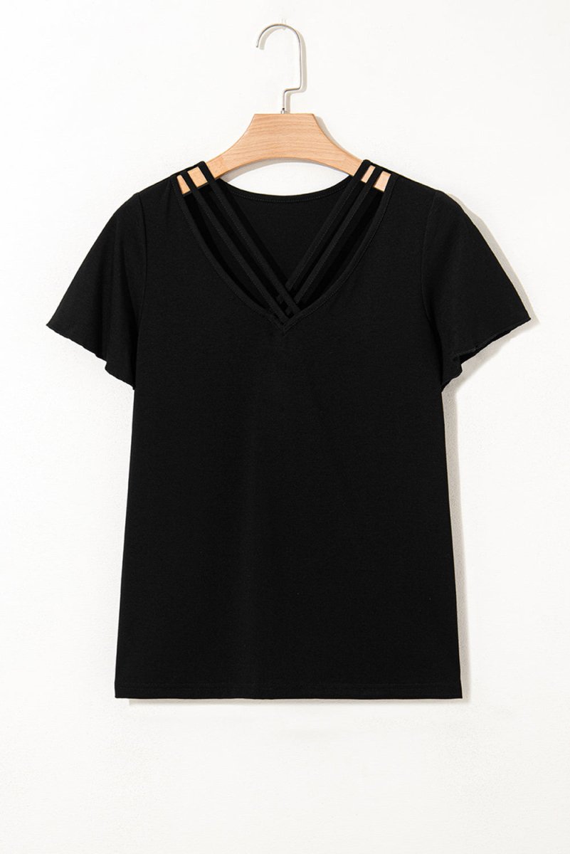 Black Crisscross V Neck Butterfly Sleeve T Shirt for Women