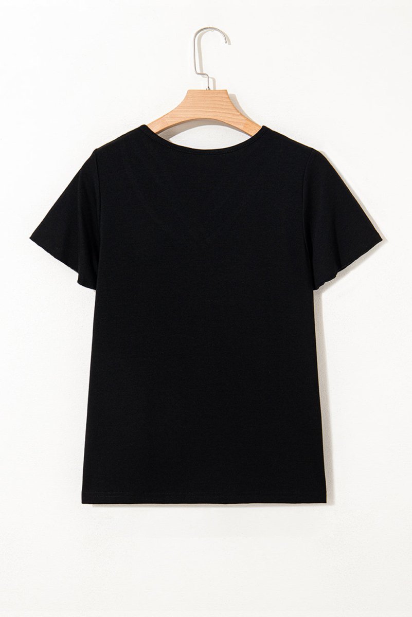 Black Crisscross V Neck Butterfly Sleeve T Shirt for Women