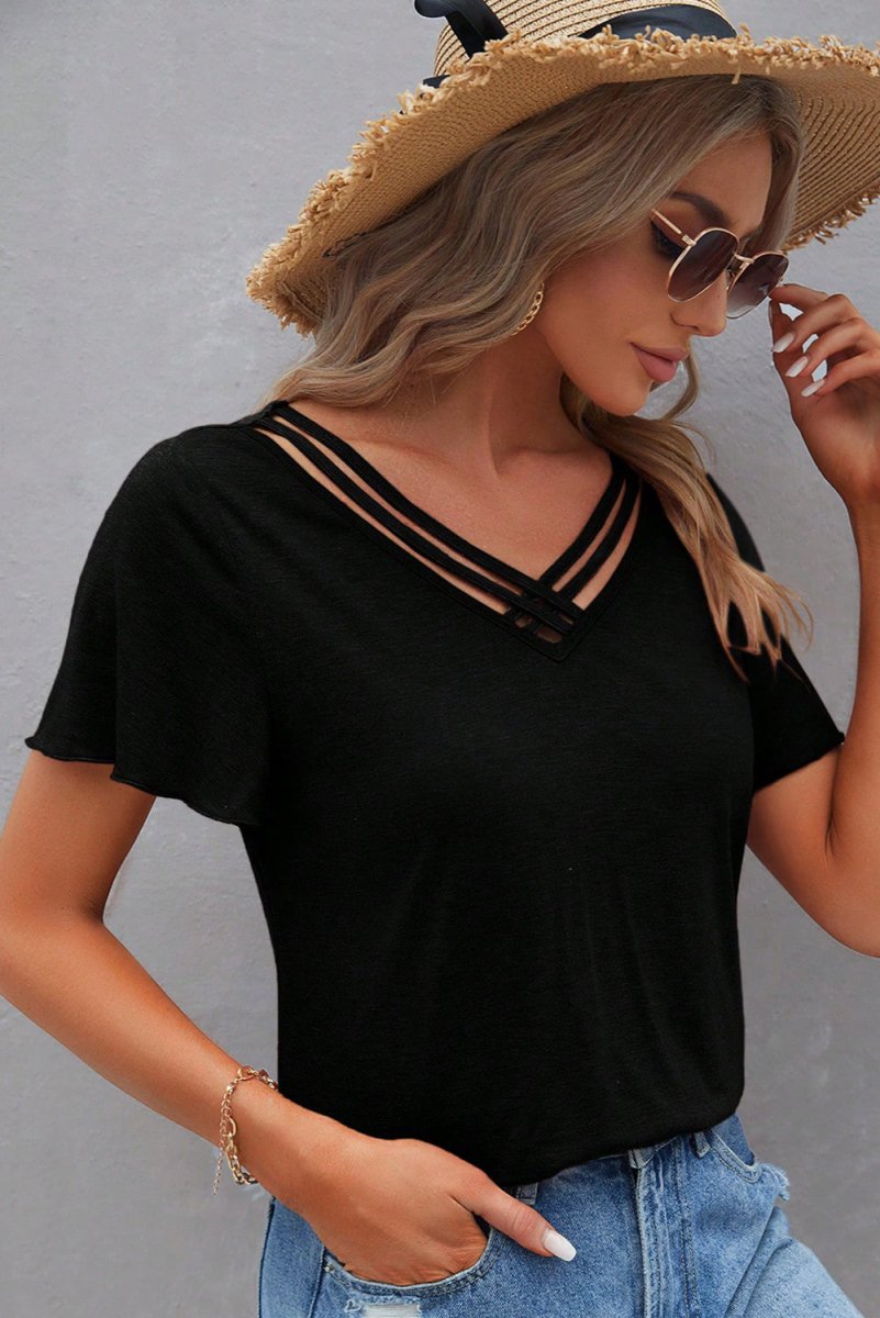 Black Crisscross V Neck Butterfly Sleeve T Shirt for Women