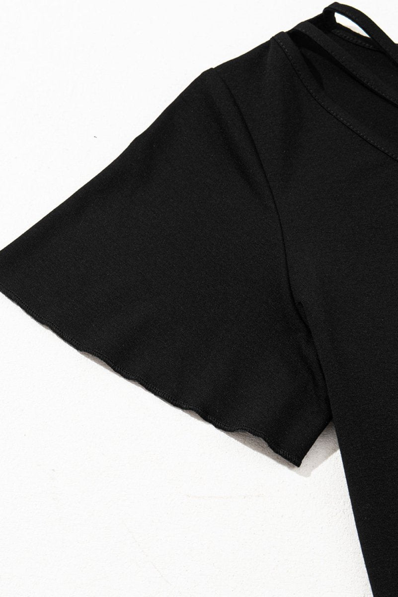 Black Crisscross V Neck Butterfly Sleeve T Shirt for Women