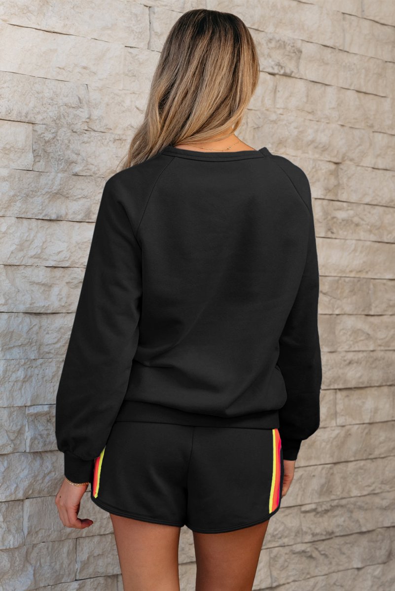 Black Striped Accent Pullover and Shorts Two Piece Set