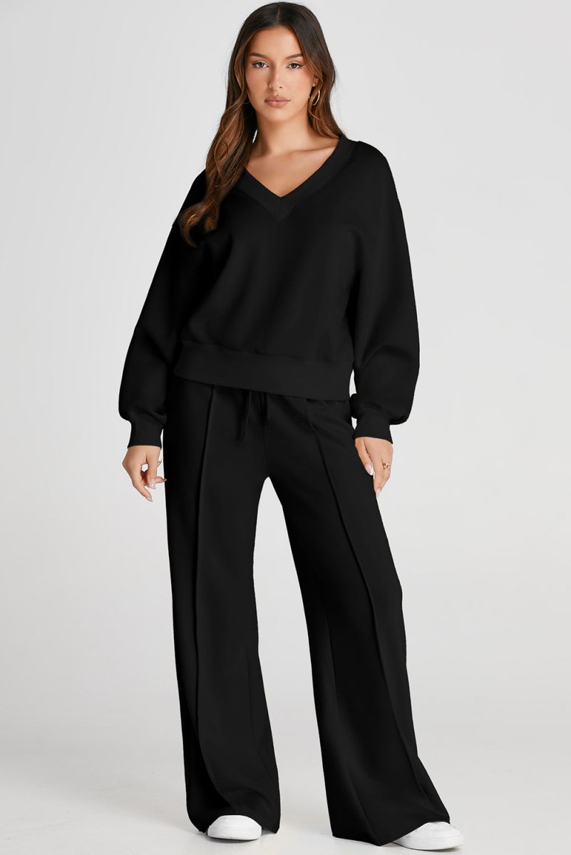 Black V Neck Cropped Seamed High Waist Sports Wear Set