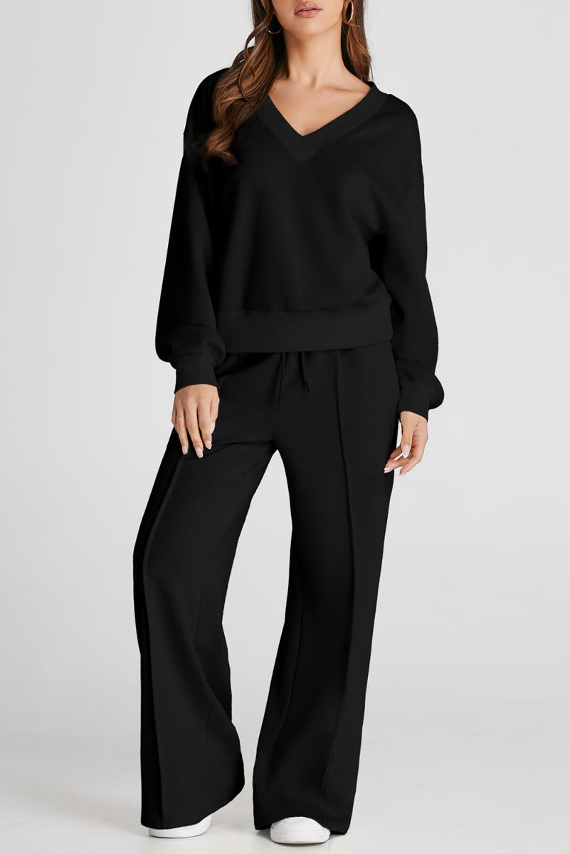Black V Neck Cropped Seamed High Waist Sports Wear Set