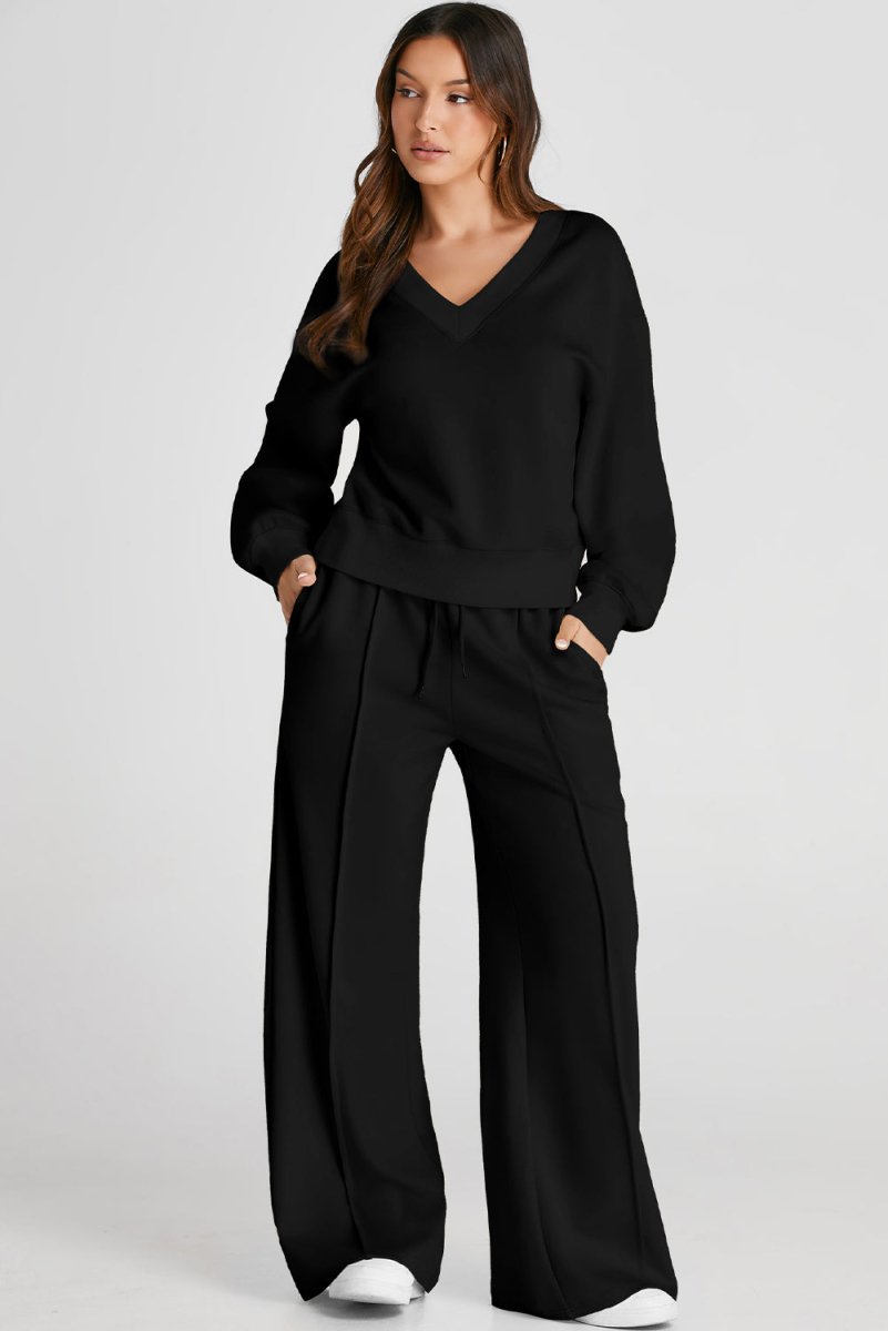 Black V Neck Cropped Seamed High Waist Sports Wear Set