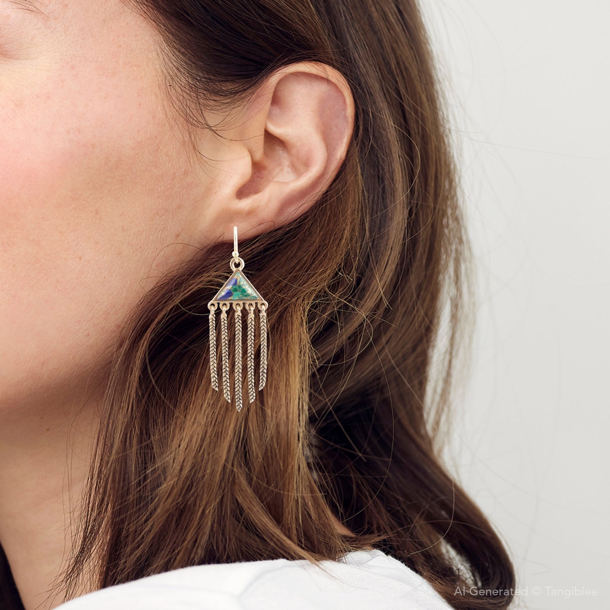 Blue Azurite Matrix Chandelier Golden Earrings