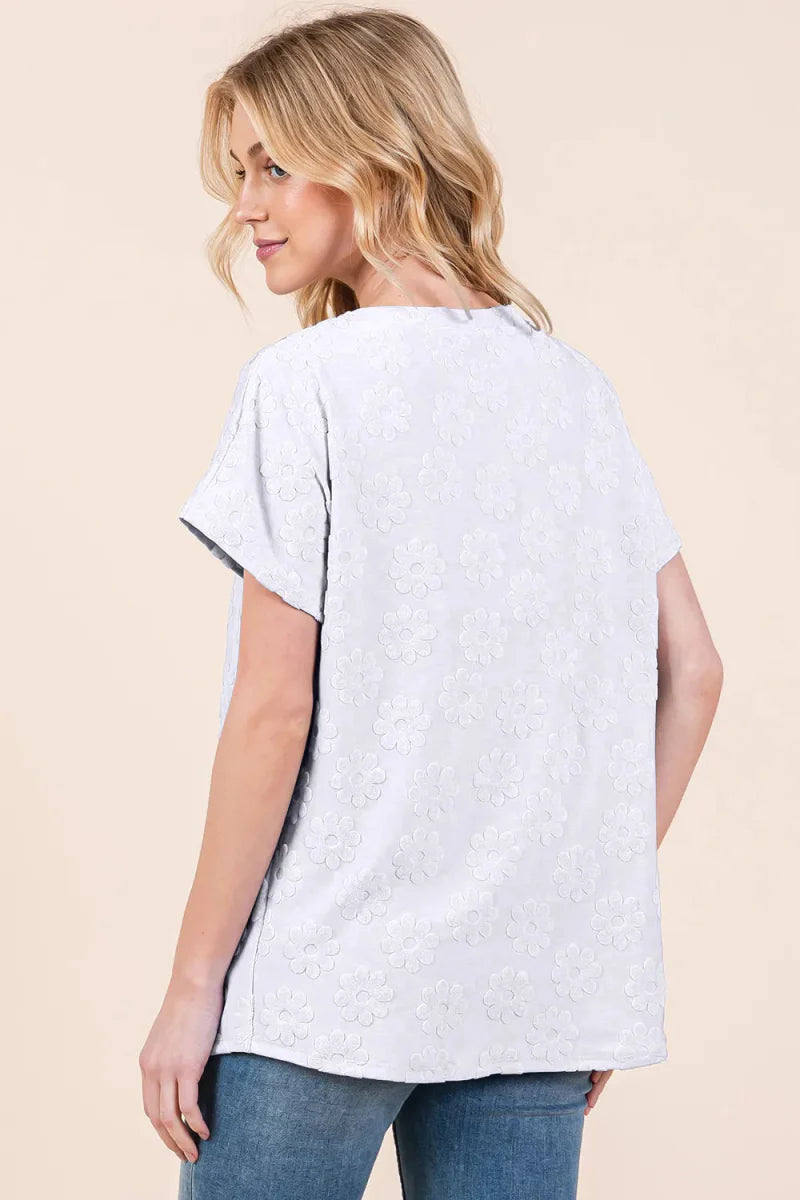 BOMBOM Floral Textured Short Sleeve T-Shirt for Women