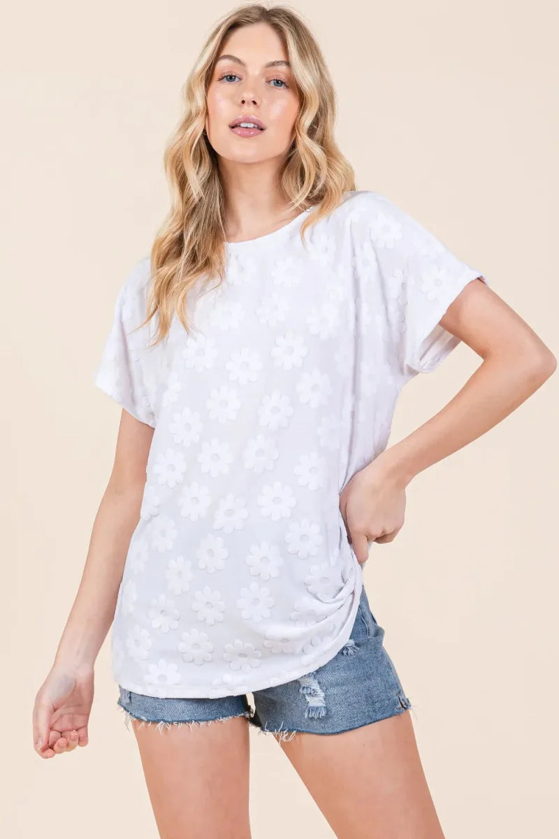 BOMBOM Floral Textured Short Sleeve T-Shirt for Women