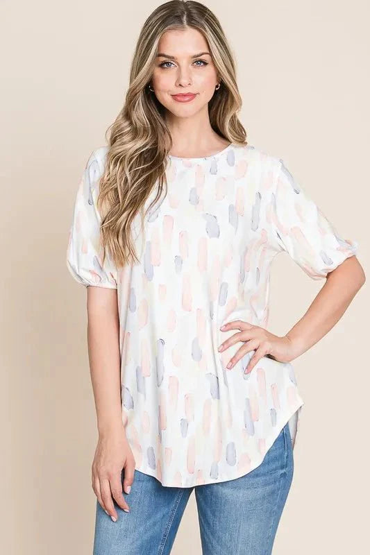 BOMBOM Round Neck Puff Short Sleeve Blouse for Women