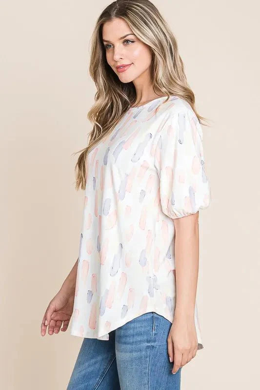 BOMBOM Round Neck Puff Short Sleeve Blouse for Women