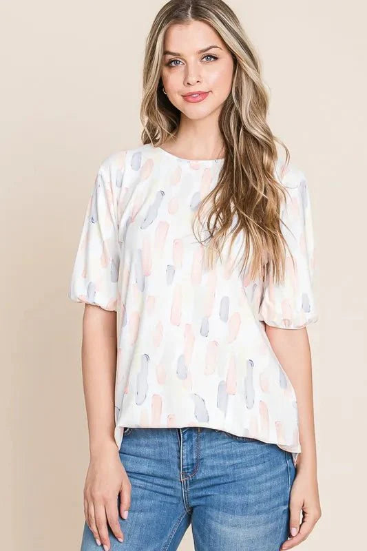 BOMBOM Round Neck Puff Short Sleeve Blouse for Women