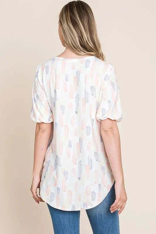 BOMBOM Round Neck Puff Short Sleeve Blouse for Women