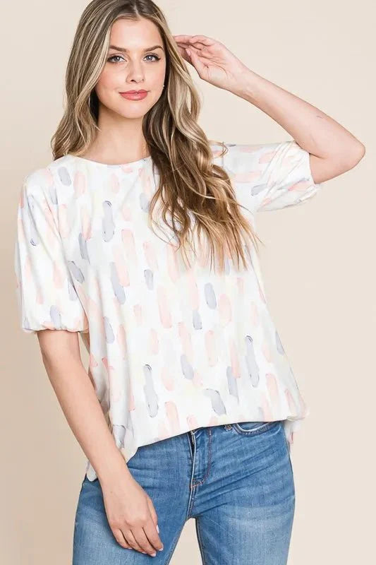 BOMBOM Round Neck Puff Short Sleeve Blouse for Women