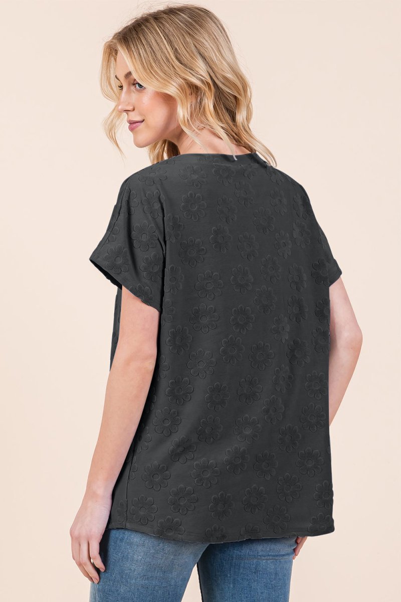 BOMBOM Textured Floral Pattern Short Sleeve T-Shirt for Women