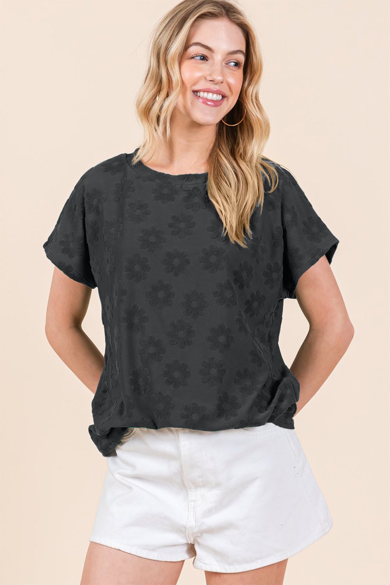 BOMBOM Textured Floral Pattern Short Sleeve T-Shirt for Women