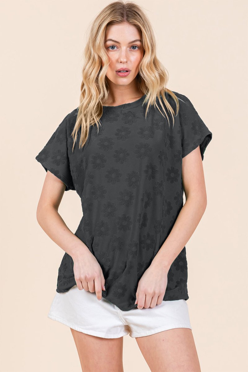 BOMBOM Textured Floral Pattern Short Sleeve T-Shirt for Women
