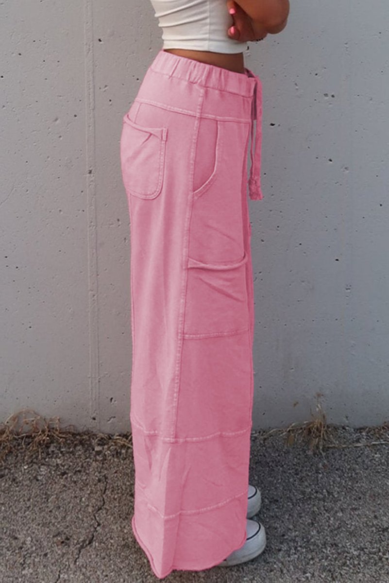 Bonbon Mineral Wash Exposed Seam Drawstring High Waist Cargo Pants