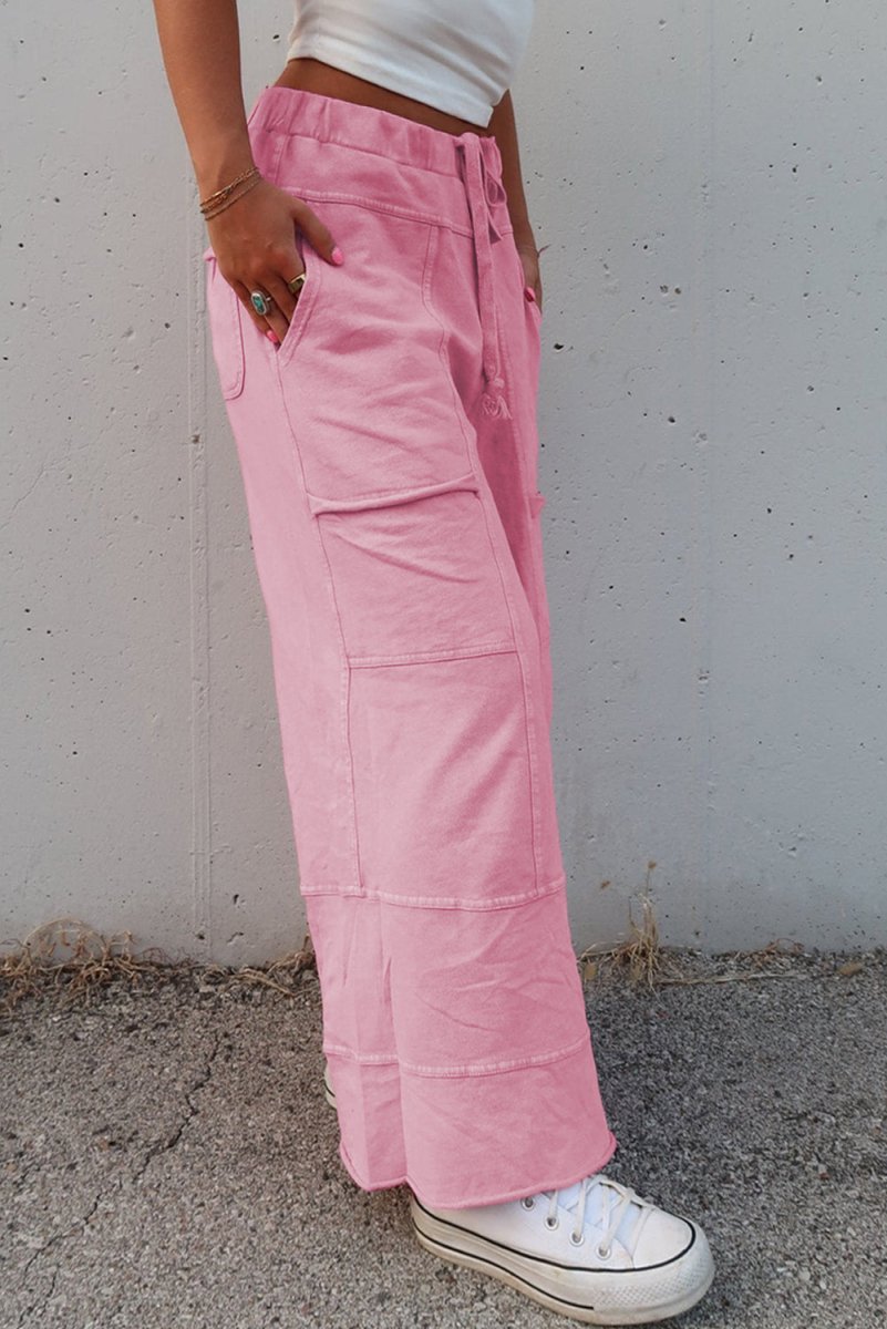 Bonbon Mineral Wash Exposed Seam Drawstring High Waist Cargo Pants